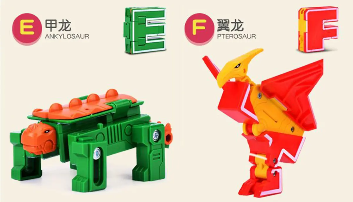 Letter E Transform to Ankylosaurus Transformer Toy. Letter F transform Pterosaur Transformer Toy