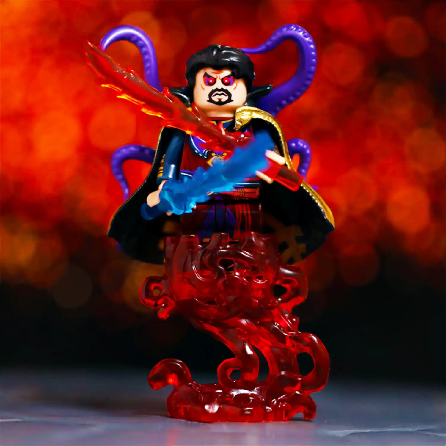 Minifigure - Doctor Strange Dark evil Supreme Sinister version​​ standing upon a swirling red translucent energy base (LEGO Alternative)