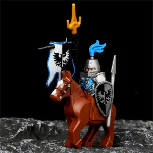 Minifigure Black Falcon Knight and warhorse and flag LEGO Alternative
